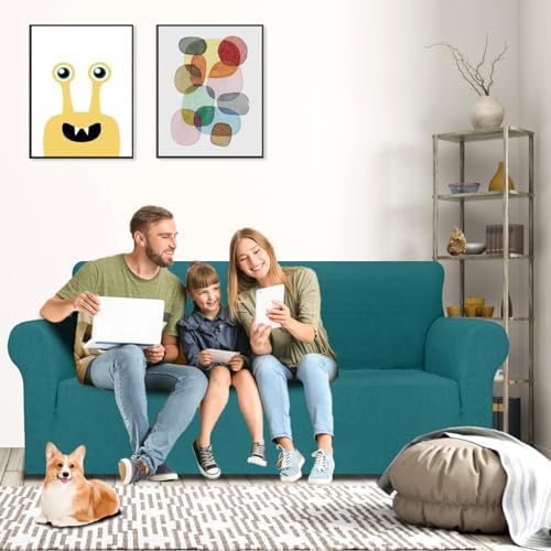 MAXIJIN Couch Covers for 3 Cushion Couch Sofa (71"-91"), 1-Piece Stretch Sofa Cover Slipcover Furniture Protector with Elastic Bottom for Kids,Dogs (Large, Diamond Pattern Blackish Green) - Image 2