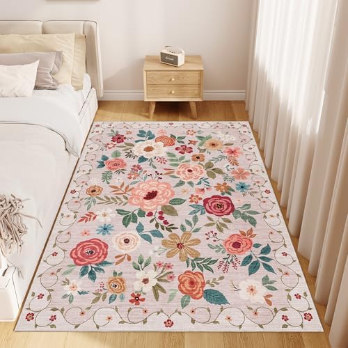 DUKINO 3x5 Area Rug, Floral Washable Rug for Bedroom Non Slip, Beige - Image 4