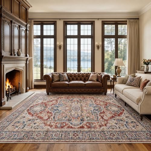 AMADA HOMEFURNISHING 8x10 Washable Area Rug, Low-Profile Large Area Rug with Non-Slip Backing & Durable Edge Binding, Vintage Large Rugs for Living Room, Bedroom, Dinning Room - Image 3