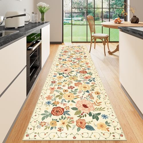 DUKINO 2.6x10 Hallway Runner Rug Washable Kitchen Rug Non Slip Beige Yellow by DUKINO