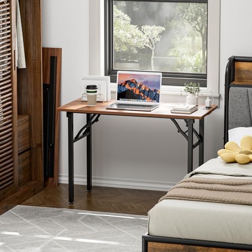 TEMI Small Computer Desk Folding Table - No Assembly, Compact 43.3" Foldable Desk with Power Outlets & USB Charging Port, Portable Small Office Desk, Ideal Mini Study Table for Narrow Spaces, Walunt - Image 2