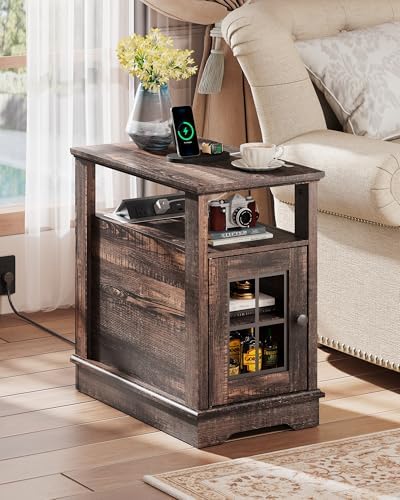 WLIVE Farmhouse End Table with Charging Station, Narrow Side Table with Storage, Small Nightstand with USB Ports and Outlets ，Bedside Cabine for Bedroom, Living Room,Brown by WLIVE