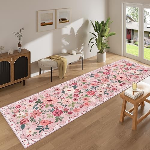 DUKINO 3x10 Runner Rug, Floral Washable Kitchen Runner Rug Non Slip, Pink - Image 3