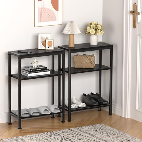 Narrow Side Table Set of 2 for Small Space, 3 Tier Slim End Table, Thin Nightstand, Skinny Snack Couch Table, Sofa Bedside Table in Living Room, Bedroom, Study, Kitchen and Balcony (Black) - Image 2