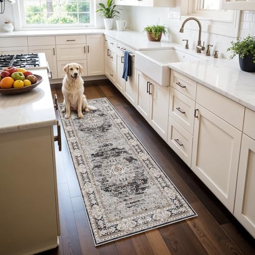 2x6 Washable Hallway Runner Rug - Non-Slip Vintage Throw Rugs Black Gray by Puino