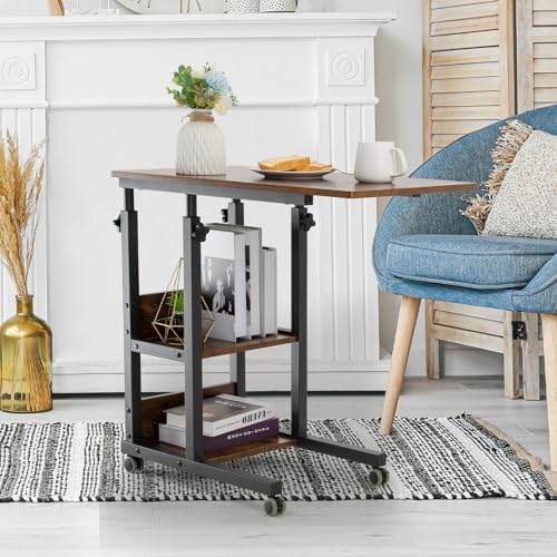Hadulcet C Shaped Side Table Adjustable, Height Adjustable C Table with Wheels and Storage Shelves for Couch Bed Recliner Rustic Brown - Image 2