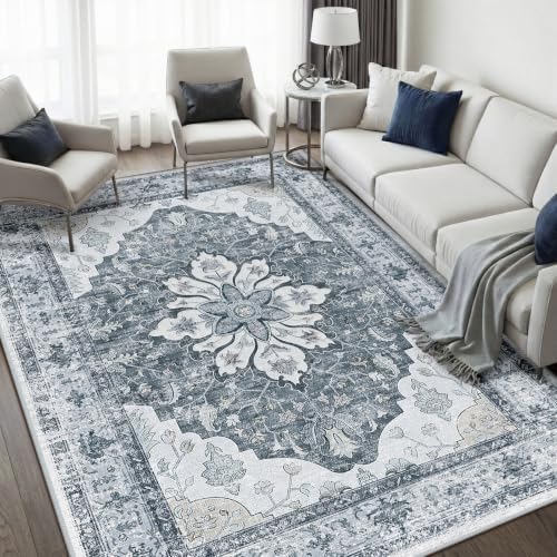 RELEANY Washable Area Rug, 5'x7', Grey/White/Beige by RELEANY