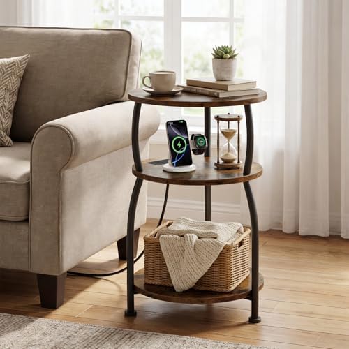 Round Side Table with Power Outlet, USB Type C Port, 3-Tier End Table - Image 2