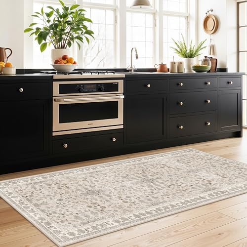3x7 Washable Non-Slip Kitchen Runner Rug – Soft Low-Pile Stain-Resistant Carpet for Hallway Entryway Bedroom Laundry Room Bathroom – Boho Floral Wide Floor Runner with Rubber Backing (Beige,3x7) - Image 4