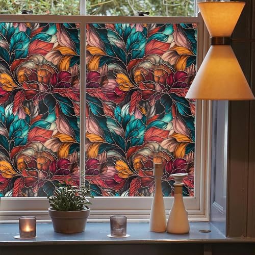 Red Yellow Green Leaf Floral Stained Glass Window Films Decorative Double-Side Privacy Film Self-Adhesive Static Glass Clings for Living Room Bathroom Decor - Image 3