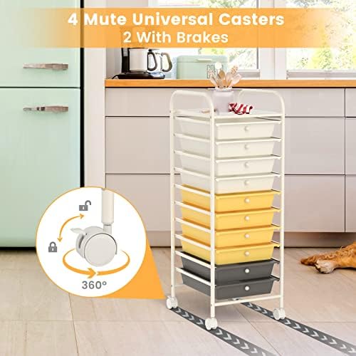 MEDIMALL 10 Drawers Rolling Storage Cart, Multipurpose Craft Storage Cart with Wheels, Mobile Tools Scrapbook Paper Organizer Cart for Office School Home Use (Yellow) - Image 6