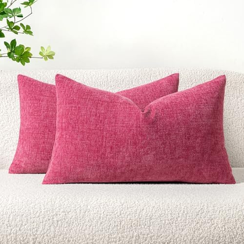 MIULEE Soft Chenille Lumbar Throw Pillow Covers Hot Pink 12x20 Pack of 2 by MIULEE