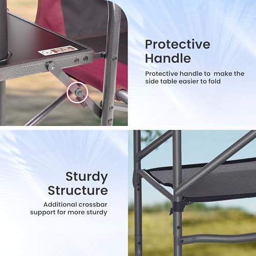 Tall Directors Chair 30" Seat Height, Bar Height Folding Chair with Side Table, Foldable Camping Chair with Side Pocket for Makeup Artist, Sports Event, Supports 400LBS - Red - Image 3