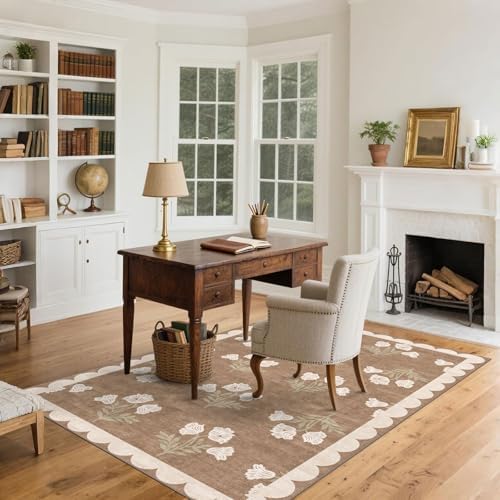 4x6 Covered Outdoor Patio Rug - Washable Front Door Mat Entry Rug Non-Slip Large Doormat Tan Brown Cottage Farmhouse Scalloped Area Rugs for Living Room Entryway Foyer Double Door Porch Decor - Image 5