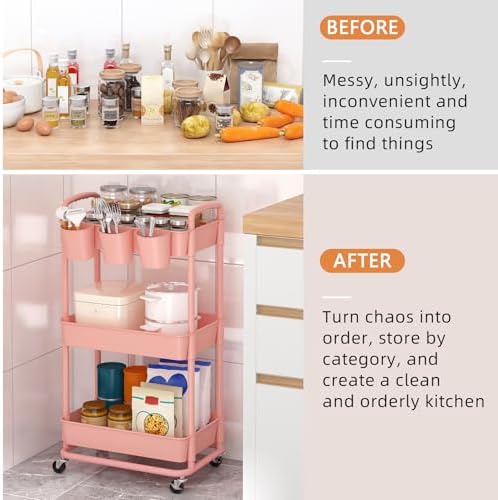 JIUYOTREE 3-Tier Plastic Rolling Storage Cart Utility Cart Pink - Image 5