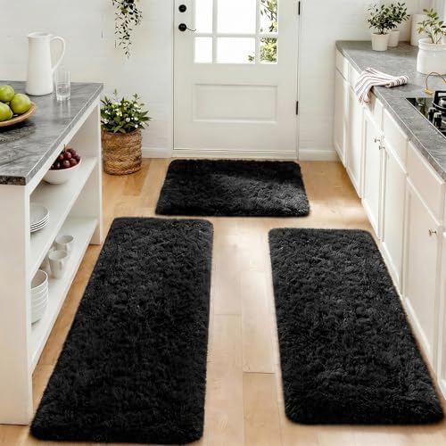Ophanie Small Rug Washable Non Slip Throw Bedside Area Rugs, Fluffy Soft Mini Bedroom Carpet, 1.5x2.5，1.5x4 and 1.5x5 Rug Set, 3 Piece Black with Over 99 pcs Pile fibers - Image 5