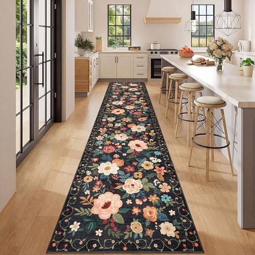 DUKINO 2.6x12 Kitchen Runner Rug, Floral Non Slip Long Washable Rug, Black - Image 3