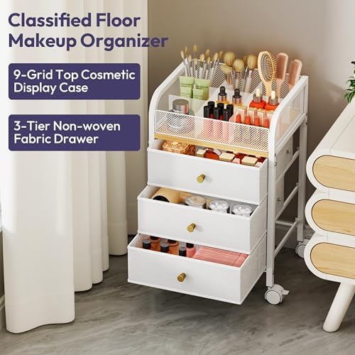 SWTYMIKI Rolling Makeup Organizer Cart - 14.96″*11.81″*23.03″ Widened Under Desk Vanity Storage with 3 Non-woven Drawers, Cosmetic Display Cases for Skin Care Perfume Nail Polish Brush Hair Tool White - Image 6