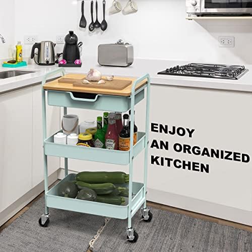 3 Tier Rolling Cart, Utility Cart with Drawer& Table Top, Mint Green - Image 6