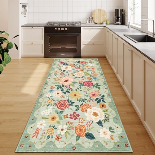 DUKINO 3x6 Runner Rug, Non Slip Floral Washable Rug for Kitchen, Green - Image 4