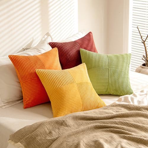 MIULEE Fall Burnt Orange Decorative Throw Pillow Covers 18x18 Inch Set of 4 Boho Color-Clash Cushion Covers Modern Farmhouse Pillow Cases Corduroy Striped Decor for Couch Sofa Bed(Terracotta,Rust) - Image 4