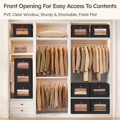 Homsorout Storage Bins with Lids - Front Opening Storage Box with Clear Window & Handles, Stackable Foldable Fabric Bins for Closet Organization, Clothes, Sweaters, Towels, Blankets, 3 Pack, Black - Image 2