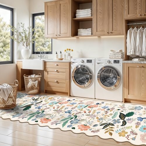 Washable 2x8 Hallway Runner Rug: Vintage Water-Resistant Floral Scalloped Kitchen Entryway Rug Ultra Soft Living Room Bedroom Carpet Non-Slip Indoor Floor Mat for Bathroom Dining Room(2x8,Cream) - Image 5