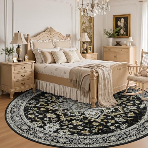 Round Area Rug for Living Room: 8ft Boho Washable Rug Black Gold - Image 4