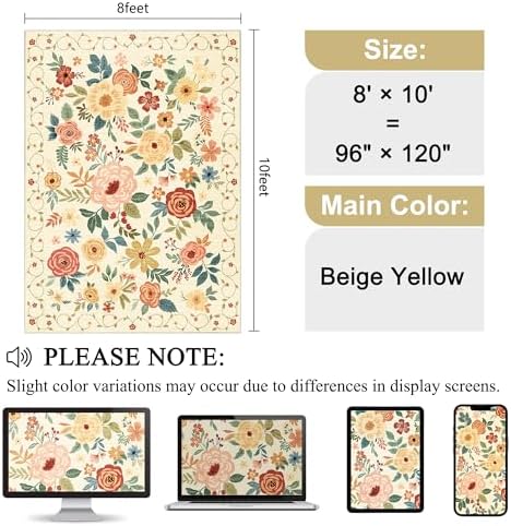 DUKINO 8x10 Area Rug, Floral Washable Living Room Rug Non Slip Beige Yellow - Image 2