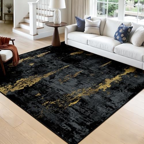 RELEANY Washable Square 8'x8' Area Rug for Living Room Black Gold by RELEANY