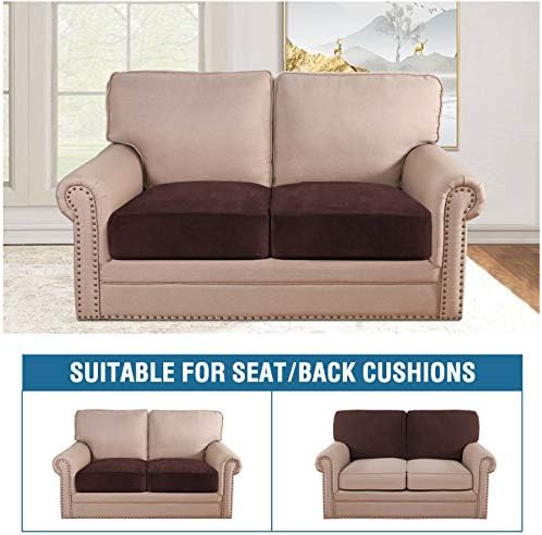 H.VERSAILTEX Velvet Stretch Couch Cushion Cover Plush Cushion Slipcover for Chair Loveseat Sofa Cushion Furniture Protector Seat Cushion Sofa Cover (2 Piece Large Sofa Cushion Covers, Brown) - Image 3
