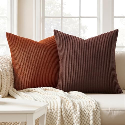 Topfinel Beige Brown Throw Pillow Covers Rustic Modern Soft Corduroy Striped Decorative Cushion Cover 16x16 Inch Gradient Farmhouse Pillow Case Set of 4 for Sofa Couch Living Room Bedroom - Image 3