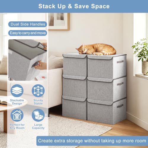 Bagnizer Linen Fabric Foldable Storage Cube Bin Organizer Basket with Flip-Top Lid & Handles, Large Clothes Blanket Box for Home, Office, Closet, Light Gray, 4 Pack 14.6 x 9.5 x 9.5” - Image 5