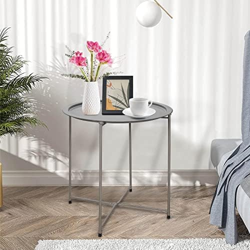 Garden 4 you End Table Metal Side Table Grey Round Folding Tray Cyan Sofa Small Accent Fold-able Table, Round End Table Tray, Next to Sofa Table, Snack Table for Living Room and Bed Room - Image 6