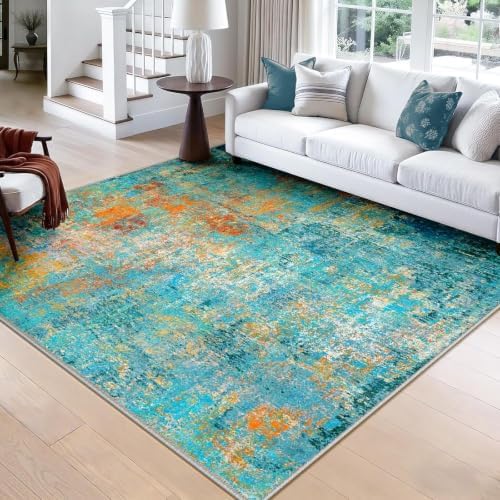 RELEANY Washable Square 8'x8' Area Rug for Living Room Teal Multi by RELEANY