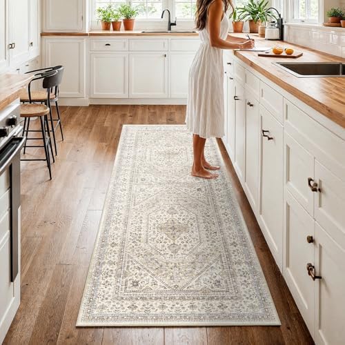 3x7 Washable Hallway Runner Rug - Non-Slip Vintage Kitchen Rugs Beige Gray - Image 4