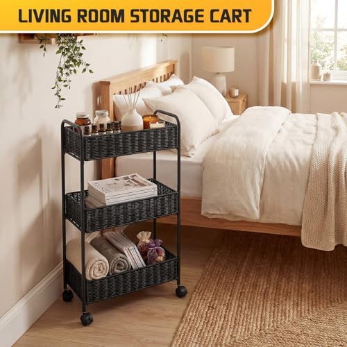 FOCHIER F Utility Slim Storage Cart,3-Tier Rolling Kitchen Office Laundry Room Cart,Mobile Shelving Unit Organizer for Living Room Bathroom Baby Diaper Narrow Places (Black, 3 Tiers-7.1 inch (W)) - Image 6