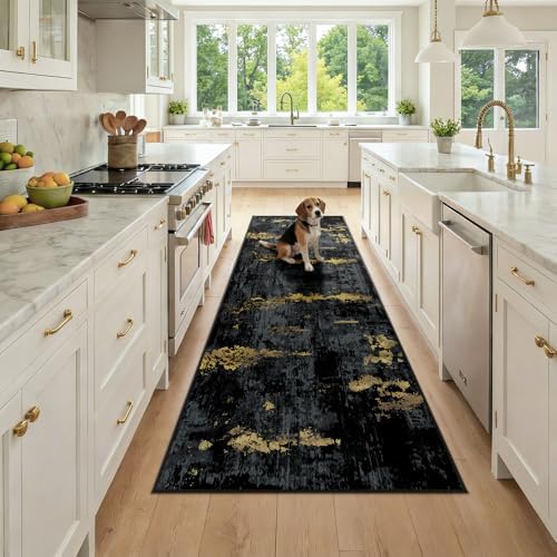 RELEANY Washable Runner 2'6"x8' Abstract Area Rug for Hallway Black Gold by RELEANY