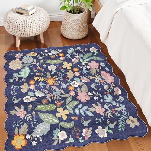 Floral Square Area Rug for Family: Washable 5x5 Scalloped Carpet for Living Room Bedroom Soft Water Resistant Floor Mat with Non Slip Backing for Kitchen Nursery Dorms Farmhouse Home Decor(5x5,Purple) - Image 2