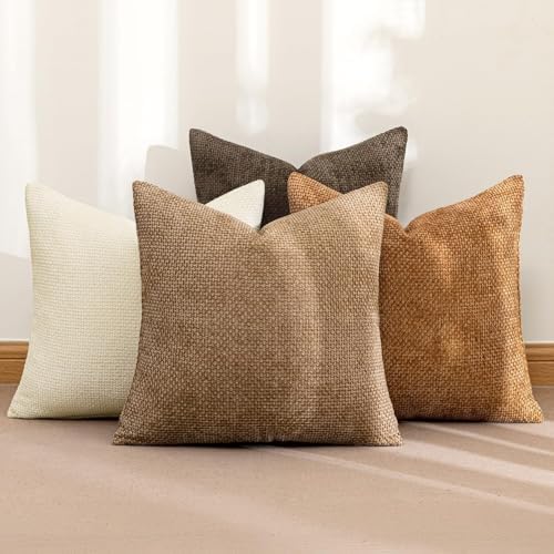MIULEE Decorative Chenille Fall Euro Pillow Covers Brown 22x22 Pack of 4 - Image 2