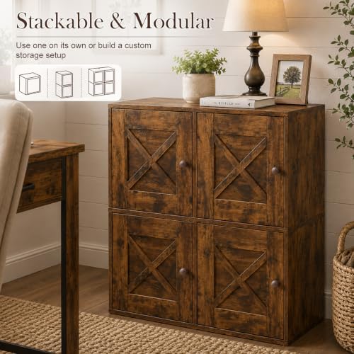 15" H x 15" W x 11.75" D Stackable Cube Storage Organizer with Door, Brown Modular Cubby Storage Bin with Non-Slip Pads, Wooden Cube Bookshelf Shelf for Bedroom, Living Room, Kitchen and Office - Image 3