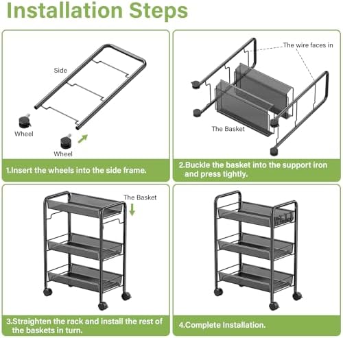 JANE EYRE 3-Tier Rolling Utility Storage Rack Cart on Wheels, Trolley Craft cart, Multi-Purpose Organizer Shelf, Black - Image 4