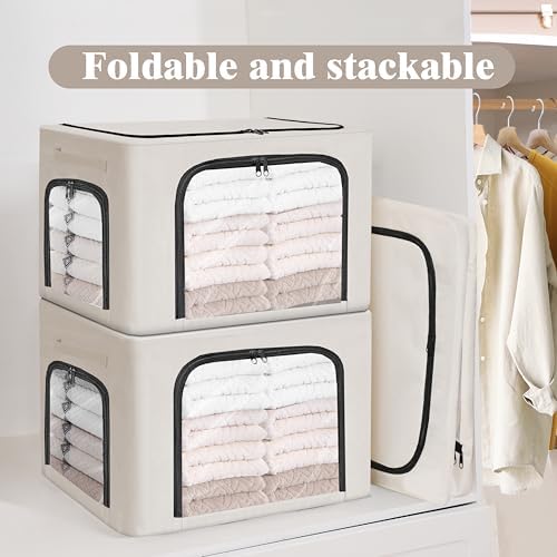 GuliPostan 3 Pack 40L Stackable Clothes Storage Bins with Metal Frame Handles & Zipper, Collapsible Closet Organizer Box with Lid for Bedding Blankets Towel (Beige) - Image 2