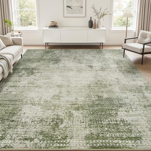 8x10 Area Rugs for Living Room Non Slip Machine Washable Rug Distressed Abstract Soft Indoor Carpet Neutral Boho Rug for Bedroom Dining Room Playroom Office, Green by Tchdio