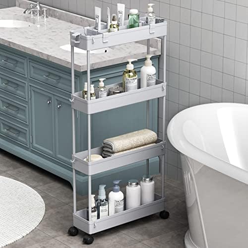 SPACELEAD Slim Storage Cart 4 Tier,Bathroom Organizer Rolling Utility,Mobile Shelving Unit Slide Out for Office, Kitchen, Laundry Room & Narrow Places,Gray by Home