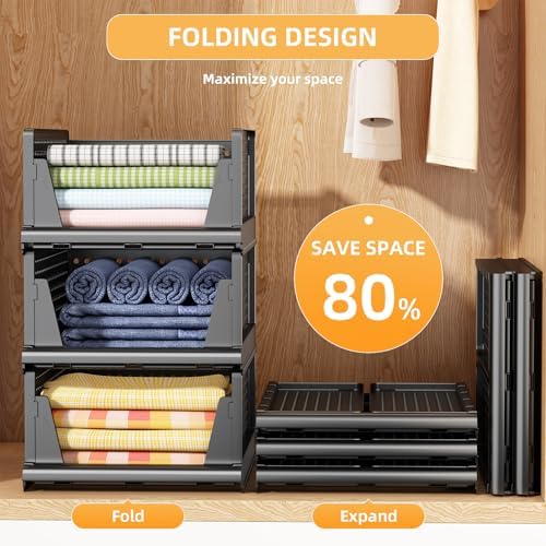 Folding Closet Organizer and Storage for Shelves, 5 Pack Stackable Plastic Storage Basket for Closet, Top Bottom of Closet Organizer, Drawers Organizer for RV, Camper, Pants, Clothes, Office - Image 2