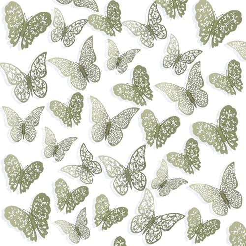 Bememo 72 Pcs 3D Butterfly Wall Decals, 3 Sizes,Sage Green | Metallic Hollow Design for Bedroom Living Room, Removable Adhesive Wall Decor, Easy Peel Stick Party Decoration Stickers by Bememo