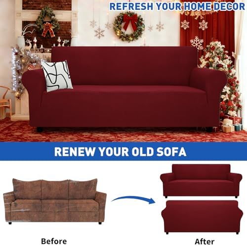 MAXIJIN Super Stretch Couch Cover for 3 Cushion Couch, 1-Piece Universal Sofa Covers Living Room Jacquard Spandex Furniture Protector Dogs Pet Friendly Fitted (Extra Large, Wine Red) - Image 2