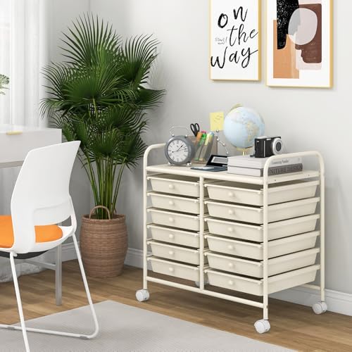 Giantex 12 Drawers Rolling Cart, Mobile Storage Drawer Cart, Classroom Organizer Cart for Office School Supplies Tools Scrapbook Paper Craft Small Printer, Utility Cart on Wheels, White - Image 4
