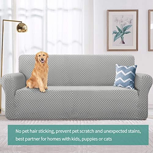 YEMYHOM Couch Cover Latest Jacquard Design High Stretch Sofa Covers for 3 Cushion Couch, Pet Dog Cat Proof Slipcover Non Slip Magic Elastic Furniture Protector (Large, Light Gray Checkered) - Image 2